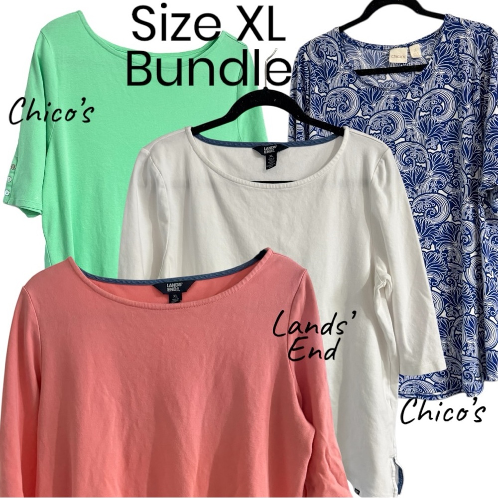 Chico’s and Lands’ End Bundle: Green, Coral, Blue and White Tunic Tops